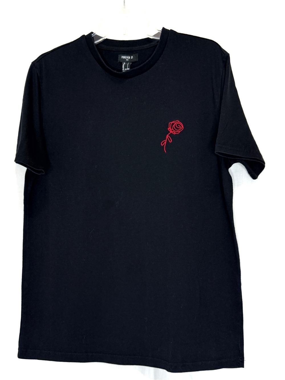 Forever 21 Men's Black Short Sleeve Tee with Red Rose Embroidery on Chest - Picture 2 of 6